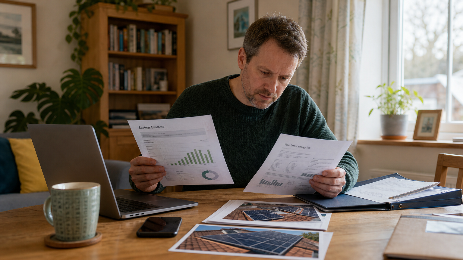 UK homeowner reviewing solar panel installation papers after concerns about mis-sold solar panels