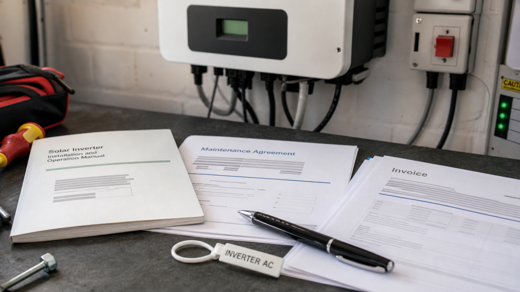Close-up of generic solar inverter notes and maintenance agreement on a household table