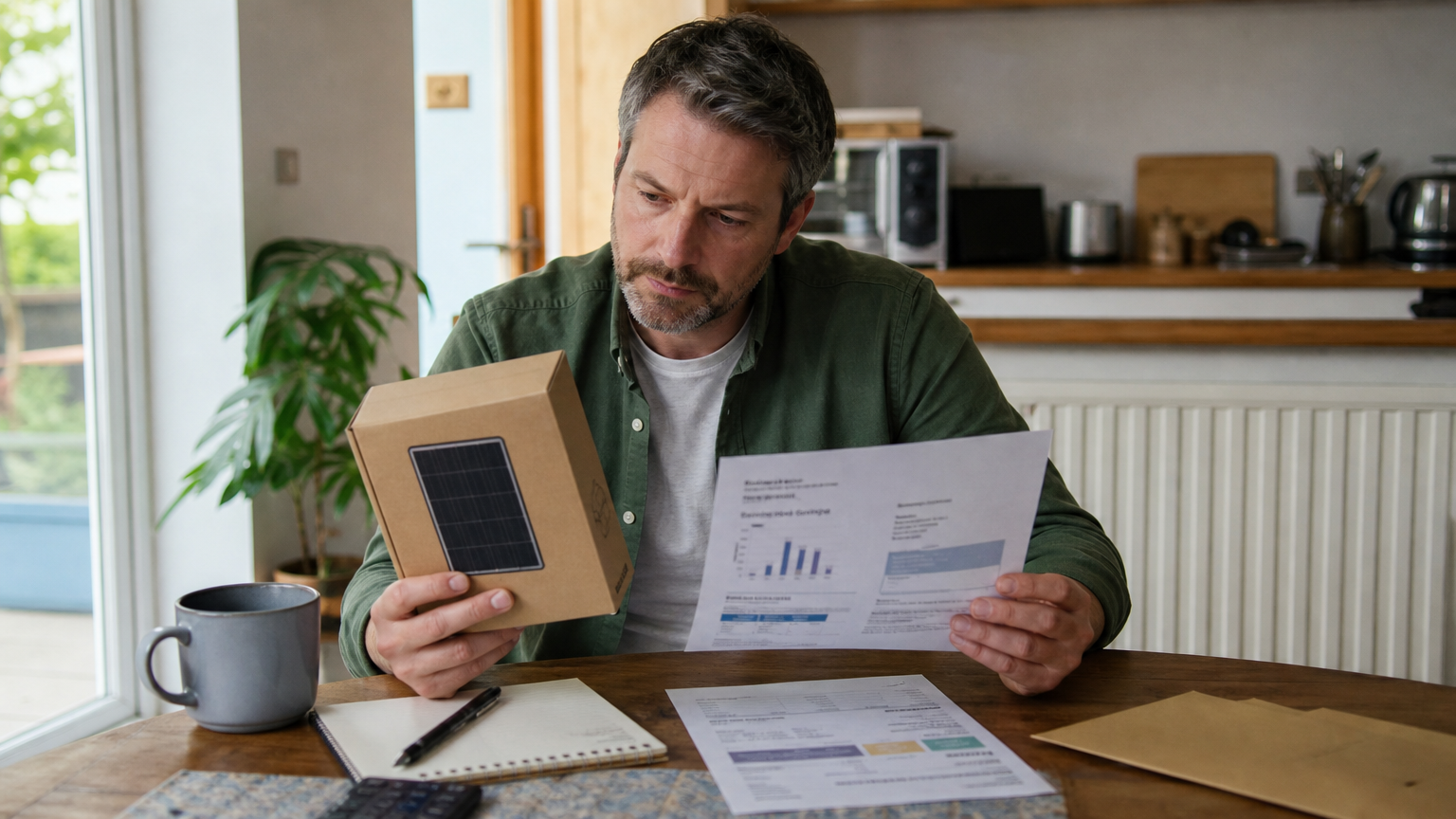 Homeowner comparing a small plug-in solar panel box with a savings estimate at a kitchen table