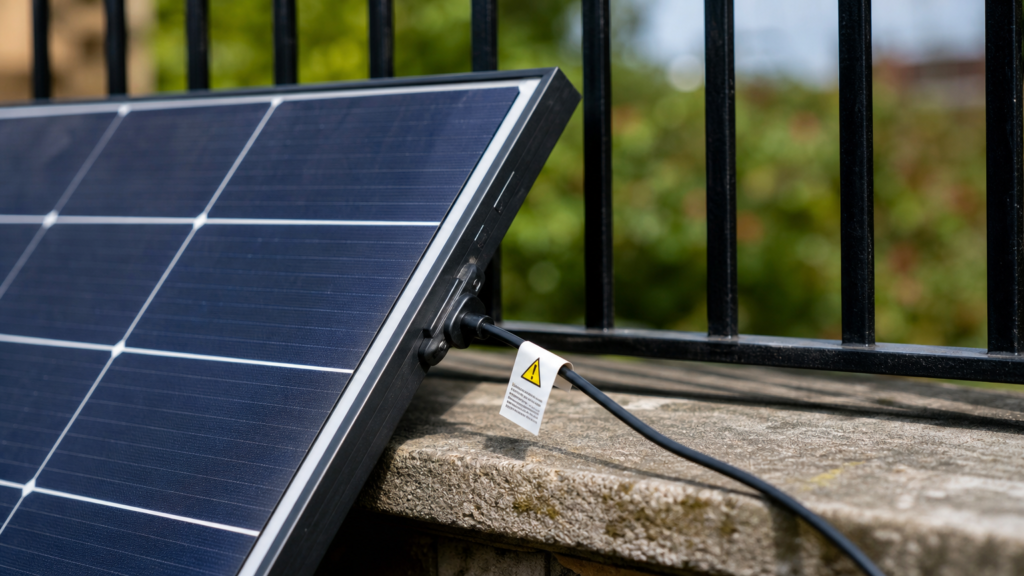 Close-up of a balcony-safe solar panel mounting detail with generic safety label
