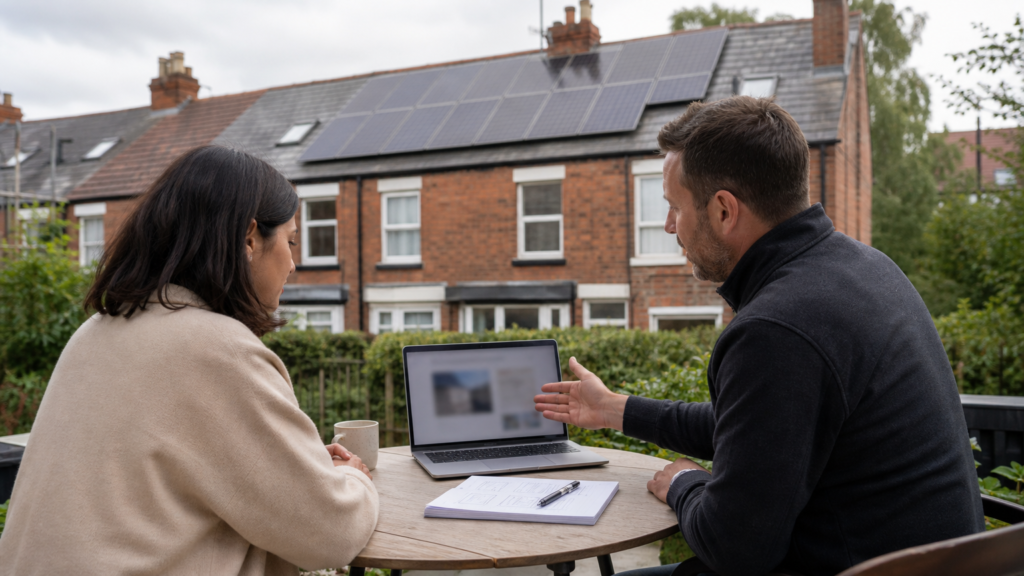 Adviser and homeowner discussing solar installation notes beside a laptop with generic content