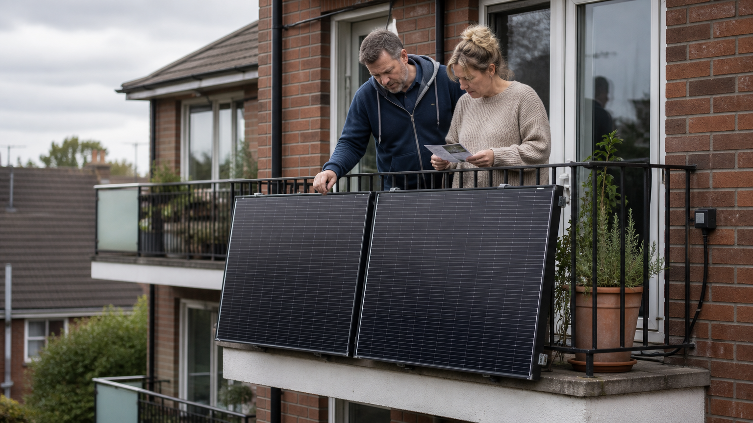 Compact plug-in solar panels on a UK balcony with a homeowner comparing sunlight and product information