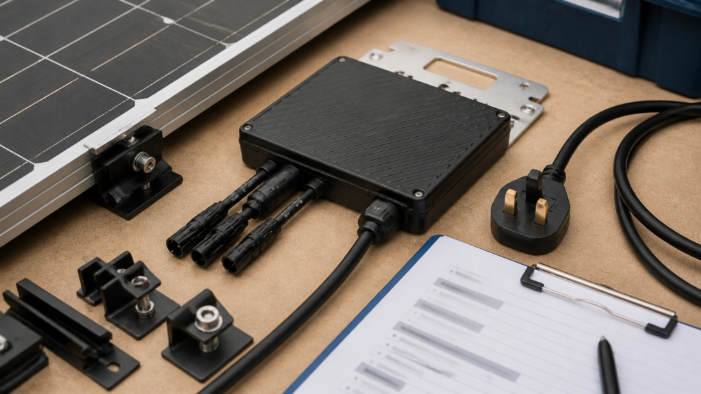 Close-up of a plug-in solar kit with microinverter, mounting parts and generic specification card